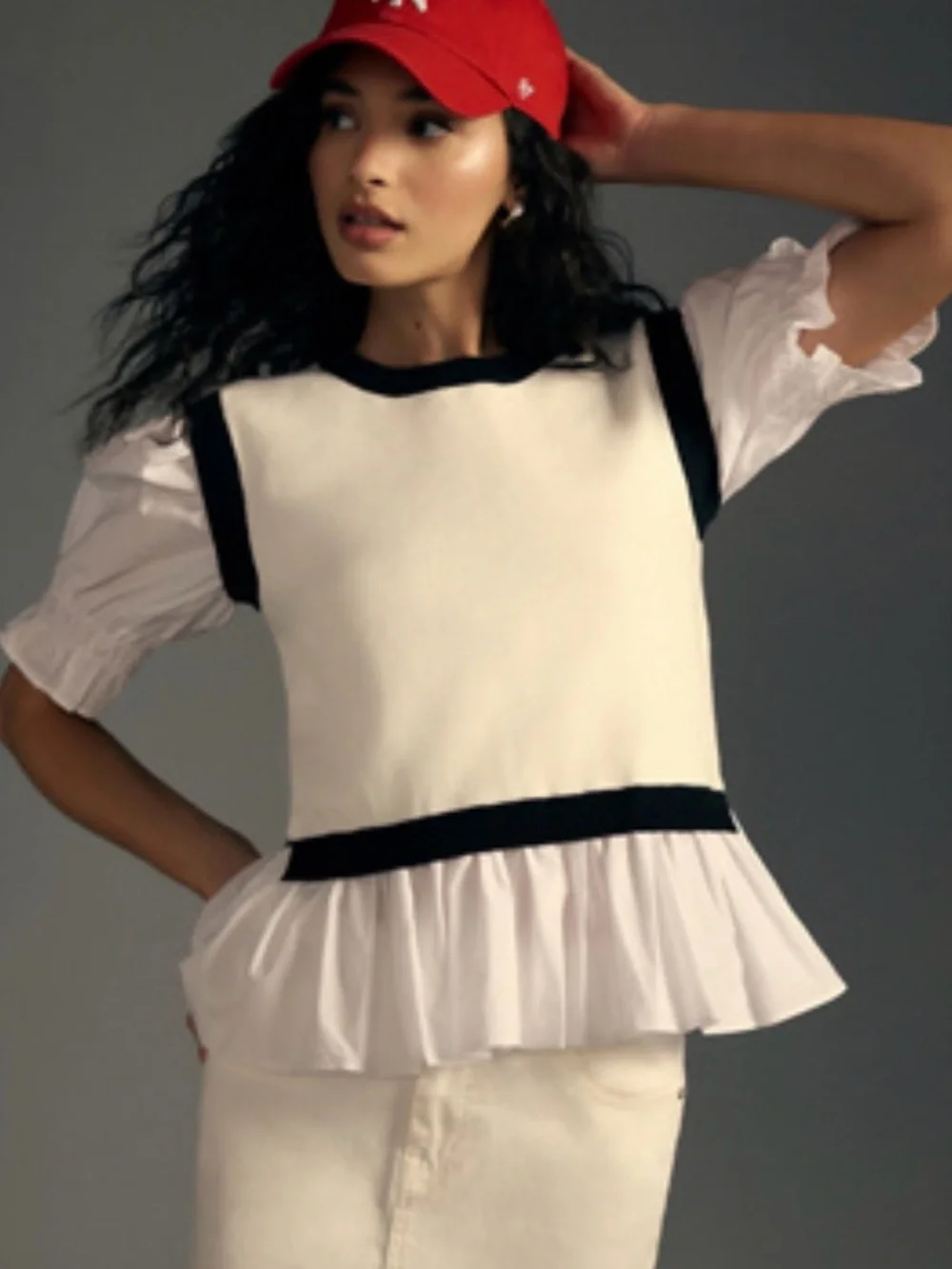 Anthropologie Cream Peplum Top with Black Trim